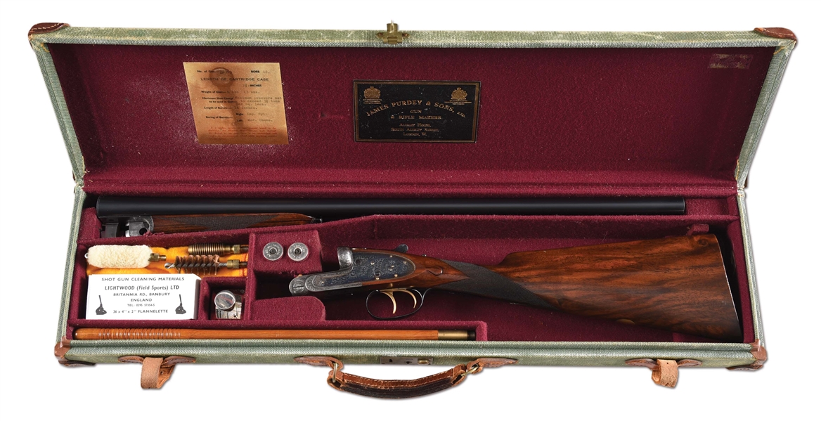 (C) JAMES PURDEY & SONS BEST QUALITY SIDELOCK EJECTOR SIDE BY SIDE 12 GAUGE SHOTGUN WITH CASE.