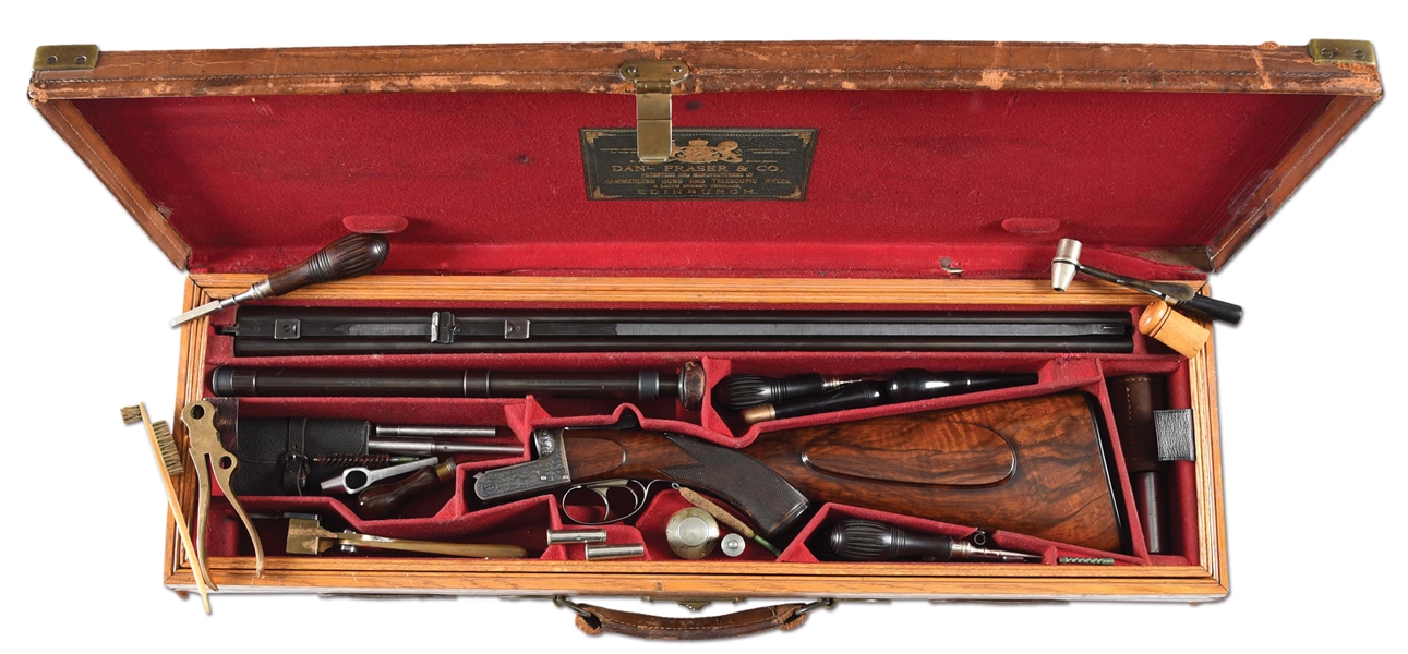 (A) EXEMPLARY DANIEL FRASER .360 EXPRESS DOUBLE RIFLE WITH CASE, NUMEROUS ACCESSORIES, AND COPIOUS AMOUNTS OF FRASER FACTORY AMMO.
