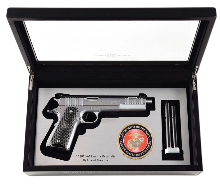 (M) ARSENAL FIREARMS M2011-A1 DUELLER PRISMATIC SEMI AUTOMATIC PISTOL IN CASE WITH USMC EMBLEM IN CASE ON AND ON GUN.