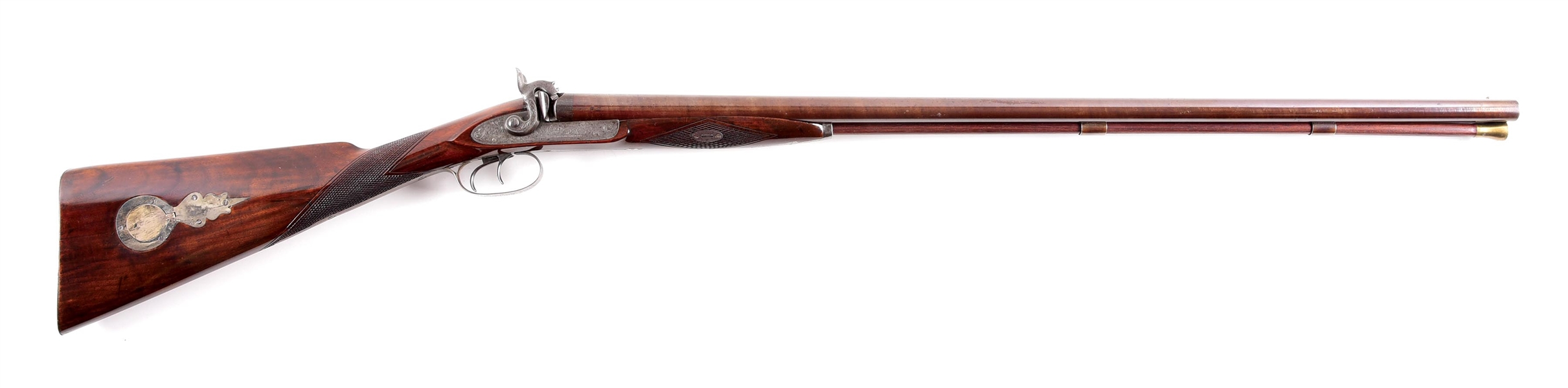 (A) E. ALLEN AND CO. SIDE BY SIDE PERCUSSION SHOTGUN WITH HUNTING BAG.