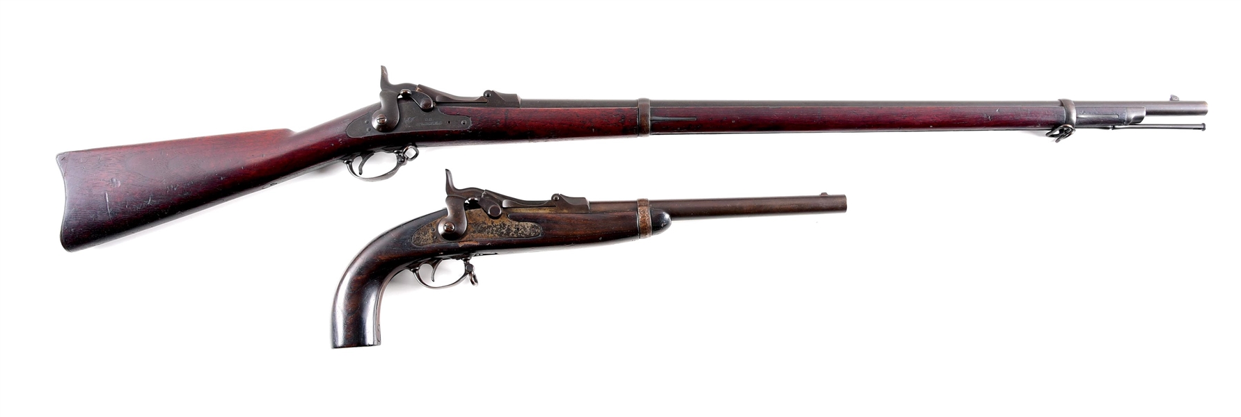 (A) LOT OF 2: SPRINGFIELD MODEL 1884 TRAPDOOR RIFLE WITH SAWED OFF MODEL 1873 TRAPDOOR PISTOL.