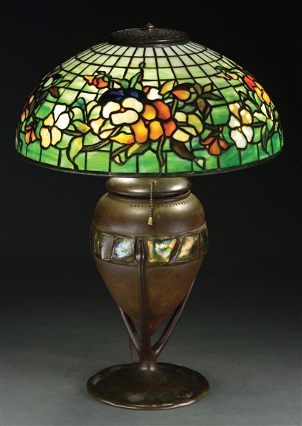 TIFFANY STUDIOS PANSY LEADED GLASS TABLE LAMP WITH TURTLEBACK BASE.