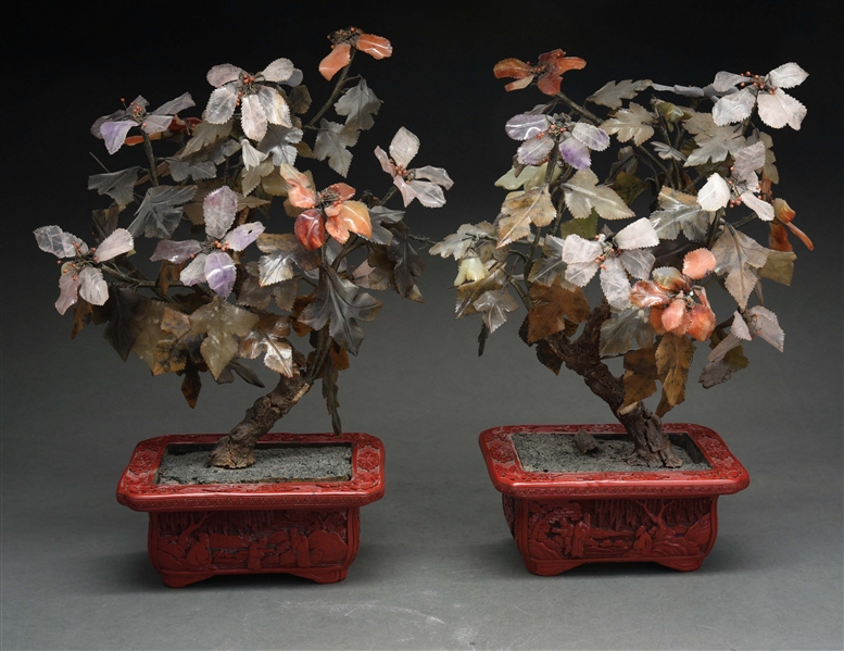 PAIR OF CINNABAR PLANTERS WITH HARDSTONE TREES.