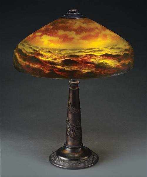 AMERICAN EARLY 20TH CENTURY REVERSE PAINTED SEASCAPE LAMP.