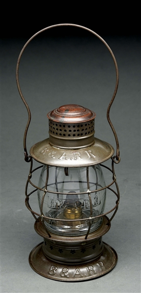 B&ARR TRIPLE MARKED BRASS TOP BELLBOTTOM RAILROAD LANTERN MADE BY THE NEW ENGLAND GLASS CO. 