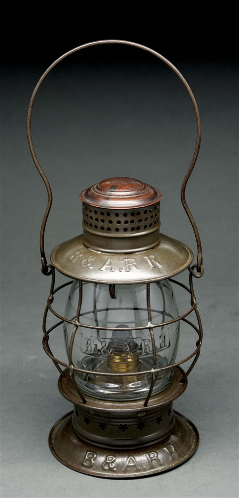 B&ARR TRIPLE MARKED BRASS TOP BELLBOTTOM RAILROAD LANTERN MADE BY THE NEW ENGLAND GLASS CO. 