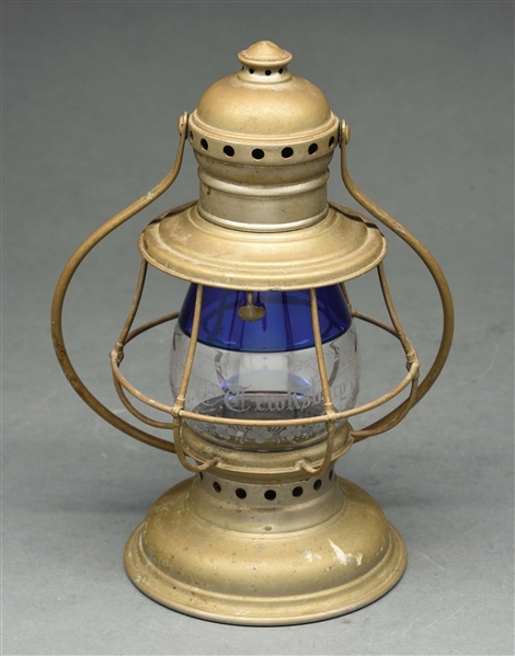 C. T. HAM NO. 3 BRASS CONDUCTORS LANTERN WITH ENGRAVED, BLUE/CLEAR GLOBE.