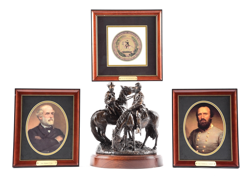 LOT OF 4: THE LAST MEETING SCULPTURE BY RON TUNISON, CONFEDERATE SEAL, CONFEDERATE GENERAL PORTRAITS.