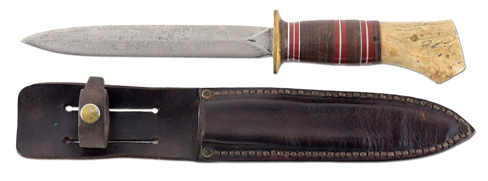 FINE DOUBLE EDGED SCAGEL FIGHTING KNIFE WITH ORIGINAL SHEATH (1910-1916).
