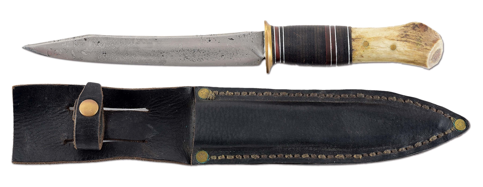 RARE SCAGEL SINGLE EDGED SWELLED TIP FIGHTER WITH ORIGINAL SHEATH (1912-1916).