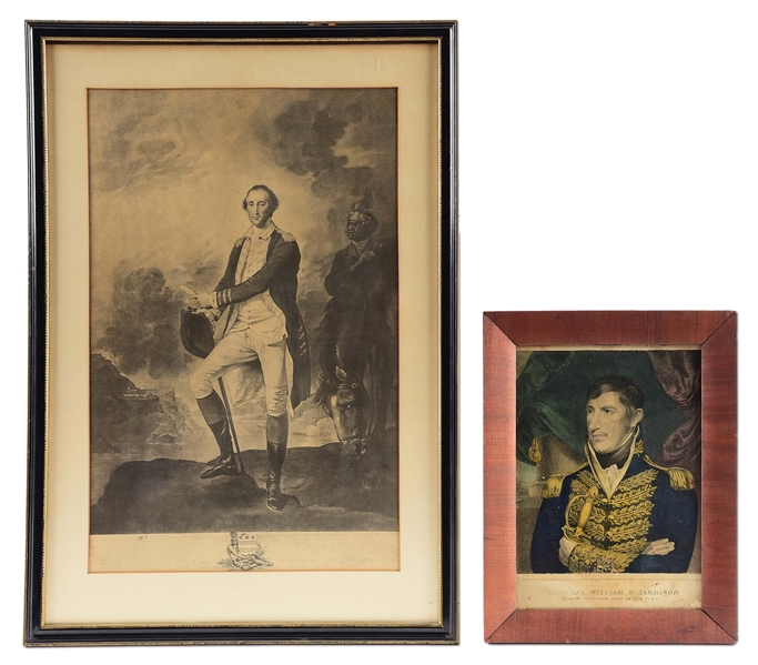FRAMED PRINT OF GENERAL WILLIAM HENRY HARRISON AND OF A YOUNG GEORGE WASHINGTON.