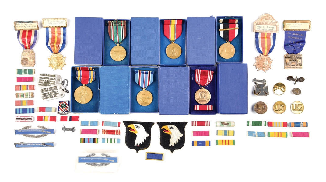 LOT OF 56: US WWII-POST WWII MEDALS, RIBBONS, BADGES AND PATCHES.
