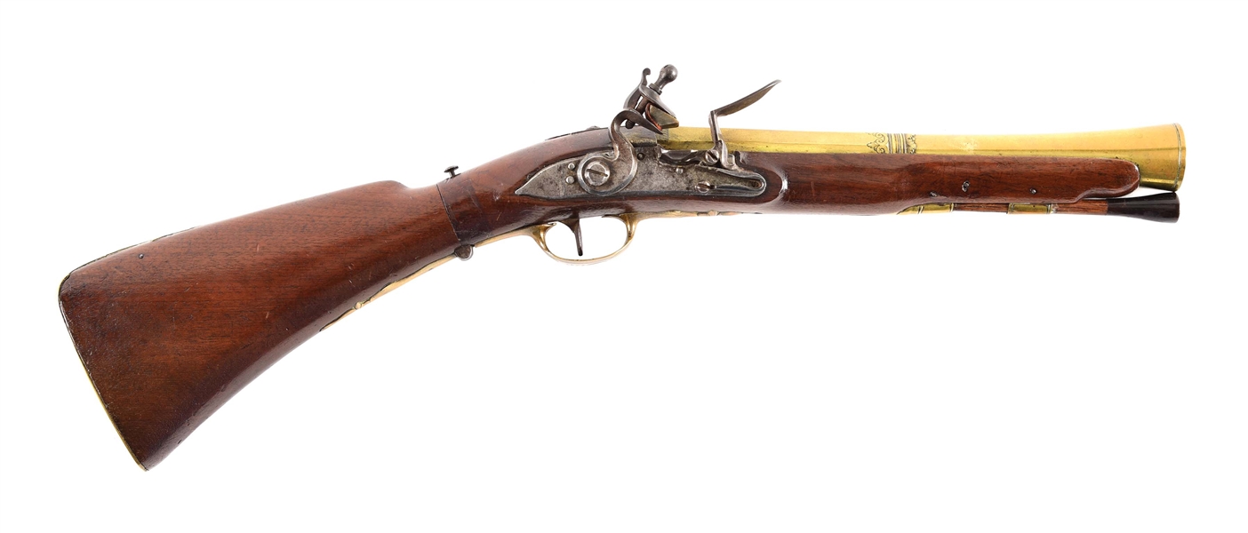 (A) FINE BLUNDERBUSS OR COACH GUN WITH FOLDING STOCK, PROBABLY FRENCH.
