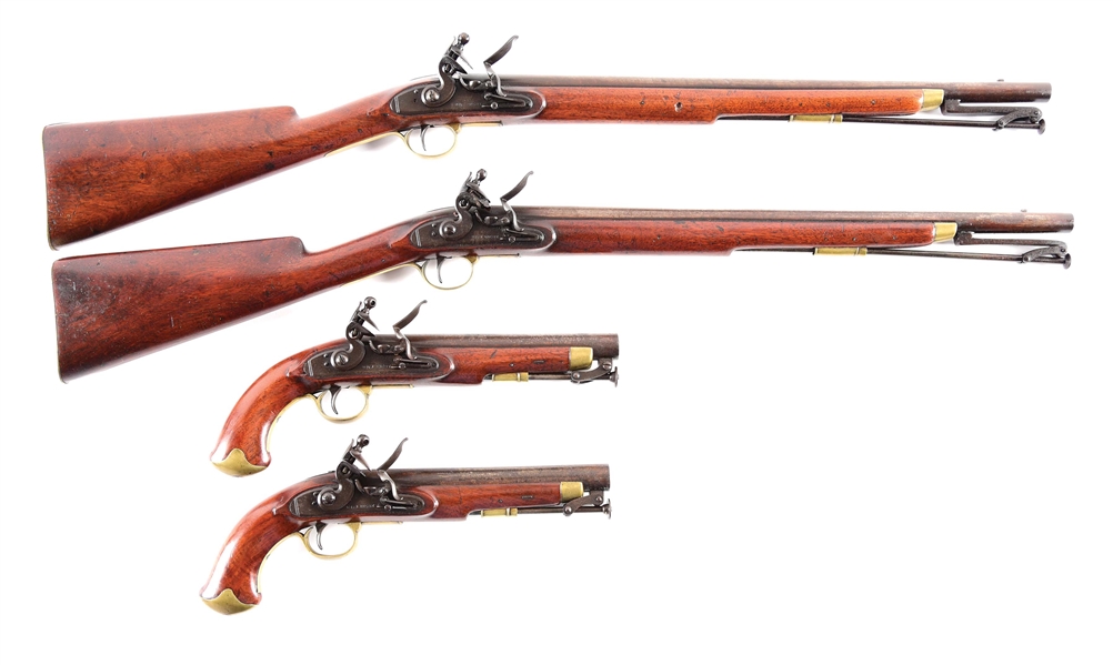 (A) LOT OF 4: SEQUENTIALLY REGISTERED RIGBY POLICE CARBINES AND POLICE PISTOLS IN ORIGINAL FLINTLOCK.