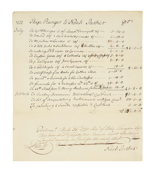 [JOHN PAUL JONES] INVOICE FOR SMITH-WORK FOR THE FIRST CRUISE OF THE CONTINENTAL SHIP “RANGER”, 1777.