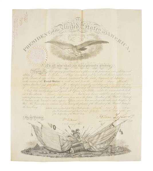 US ARMY OFFICERS COMMISSION SIGNED BY PRESIDENT JOHN TYLER, 1844.