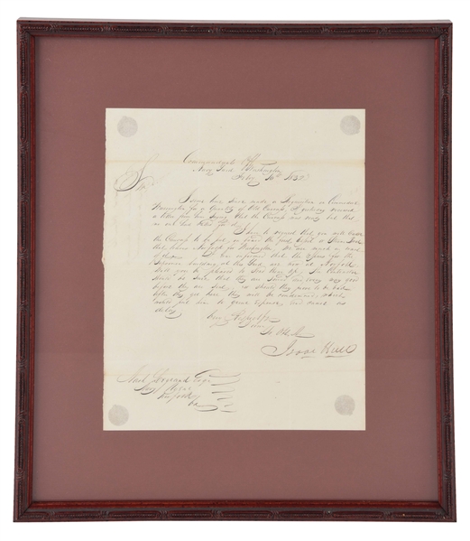WAR OF 1812 NAVAL HERO ISAAC HULL AUTOGRAPH LETTER, 1832