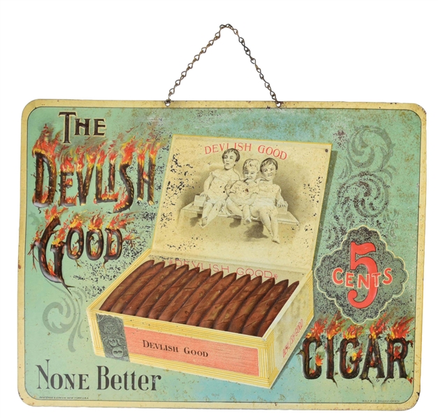 EMBOSSED TIN DEVLISH CIGAR SIGN.