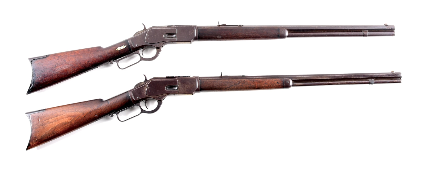 (A) LOT OF 2: WINCHESTER MODEL 1873 LEVER ACTION RIFLES ONE WITH SET TRIGGER.