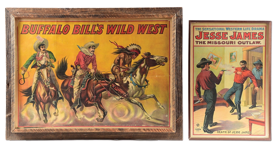 LOT OF 2: FRAMED "BUFFALO BILLS WILD WEST" AND "JESSE JAMES THE MISSOURI OUTLAW" SHOW POSTERS.