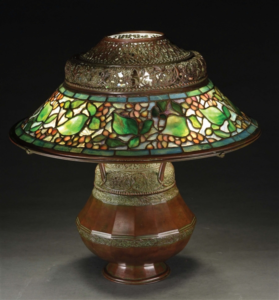 FLORAL LEADED LAMP ON AUTHENTIC TIFFANY STUDIOS BASE.