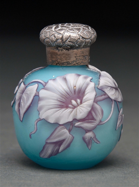 SMALL WEBB ENGLISH CAMEO VASE WITH STERLING SILVER STOPPER.
