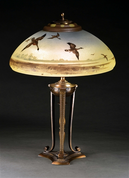 PAIRPOINT REVERSE PAINTED LAMP WITH GEESE IN FLIGHT.