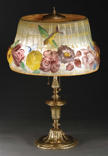 PAIRPOINT REVERSE PAINTED PUFFY FLORAL LAMP WITH HUMMINGBIRDS.