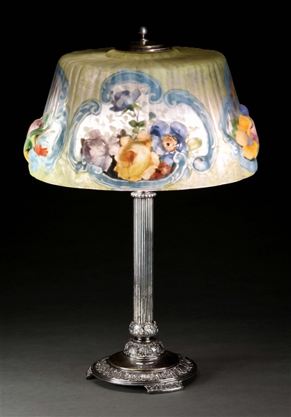 PAIRPOINT REVERSE PAINTED PUFFY FLORAL LAMP.