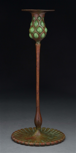TIFFANY STUDIOS CANDLESTICK WITH BLOWN-OUT GLASS.