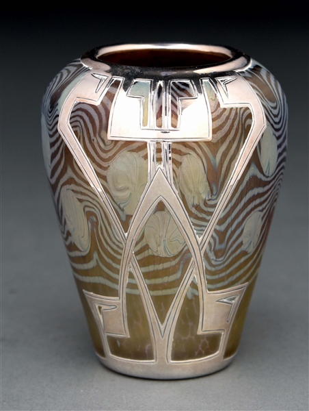 SMALL LOETZ VASE WITH SILVER OVERLAY.
