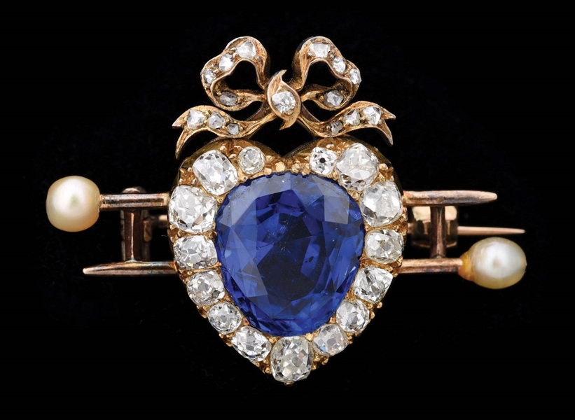 NATURAL BLUE SAPPHIRE & ROSE-CUT DIAMOND VICTORIAN HEART SHAPED BROOCH W/CERTIFICATE.