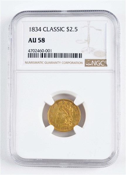 1834 CLASSIC $2.50 GOLD LIBERTY COIN.