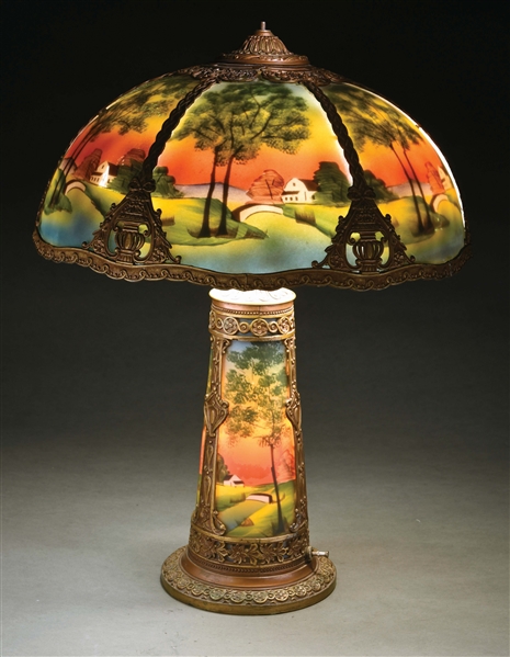 REVERSE PAINTED LAMP WITH MATCHING BASE.