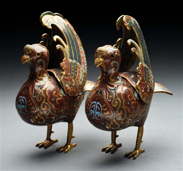 PAIR OF CHINESE REPUBLIC PERIOD CLOISONNE AND BRONZE BIRD CENSERS.