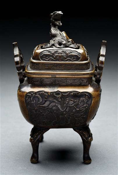 QING DYNASTY CHINESE BRONZE COVERED CENSER WITH QILIN FINIAL.