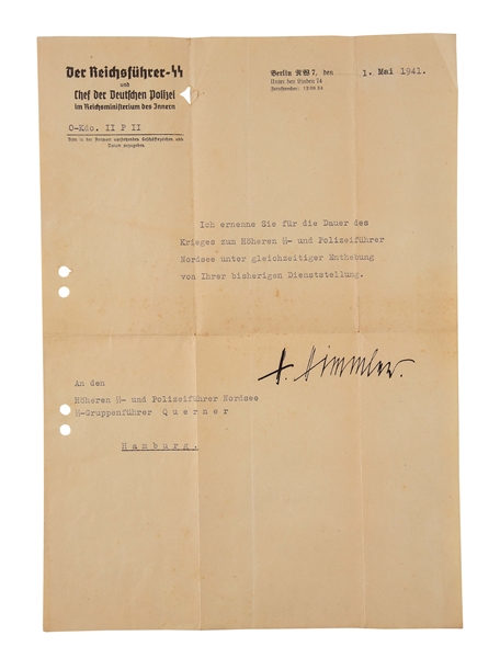 THIRD REICH APPOINTMENT LETTER FOR GRUPPENFUHRER QUERNER SIGNED BY HEINRICH HIMMLER 