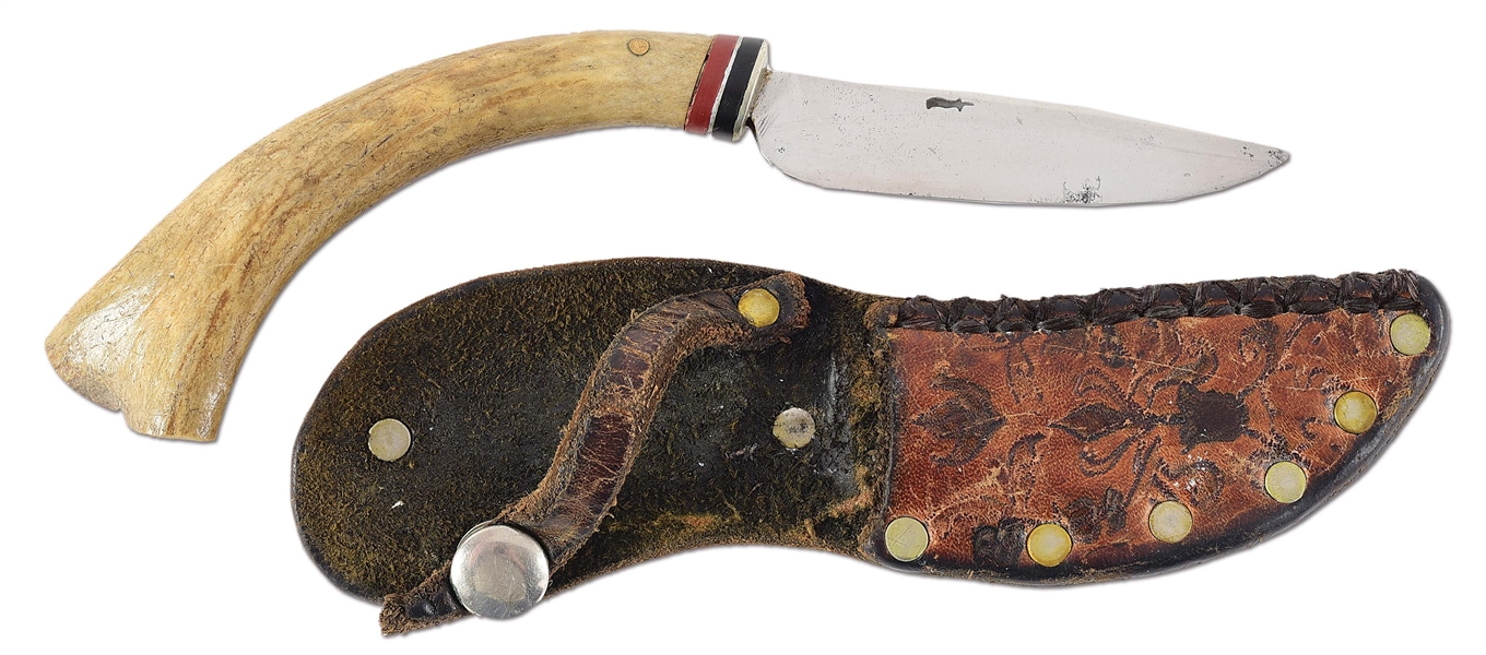 BEAUTIFUL SMALL SCAGEL BIRD AND TROUT KNIFE WITH SHEATH AND LUCIE LETTER (1935-1940).