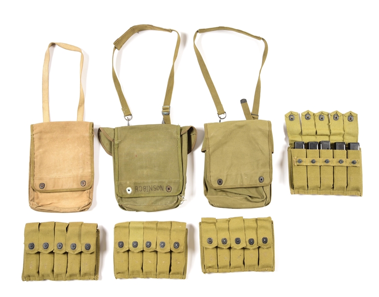 LOT OF 7: 4 US THOMPSON SMG POUCHES WITH MAGAZINES AND 3 USMC MAP CASES