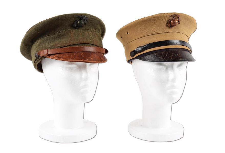 LOT OF 2: KHAKI AND FOREST GREEN ENLISTED USMC P1912 BELL CROWN HATS