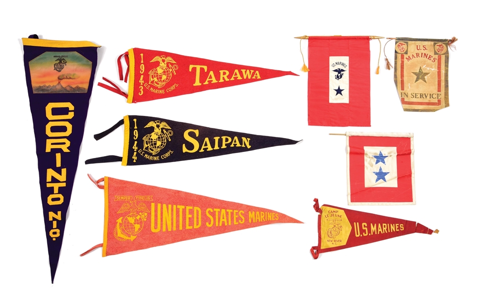 LOT OF 8: 3 SON IN SERVICE BANNERS AND 5 USMC PENNANTS