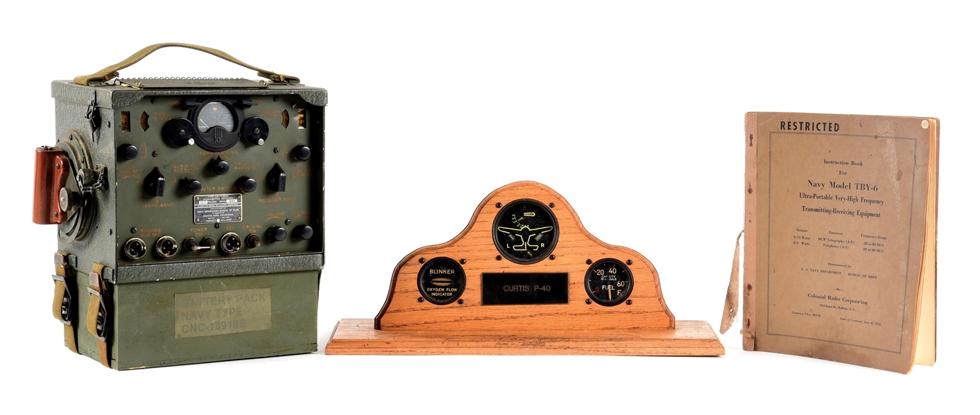 LOT OF 2: US NAVY MODEL TBY-6 RADIO WITH MANUAL AND P-40 WARHAWK FLIGHT INSTUMENTS