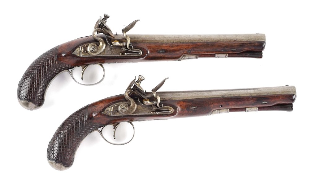 (A) IMPORTANT CASED PAIR OF FLINTLOCK DUELING PISTOLS BY TATHAM, PRESENTED TO CAPTAIN DANIEL TYLER OF BUNKER HILL FAME.