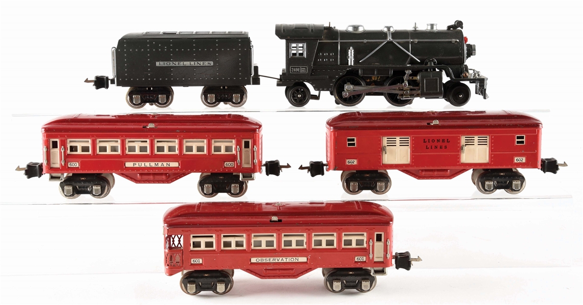 LOT OF 5: LIONEL NO 249 WITH 600 SERIES FREIGHT CARS.