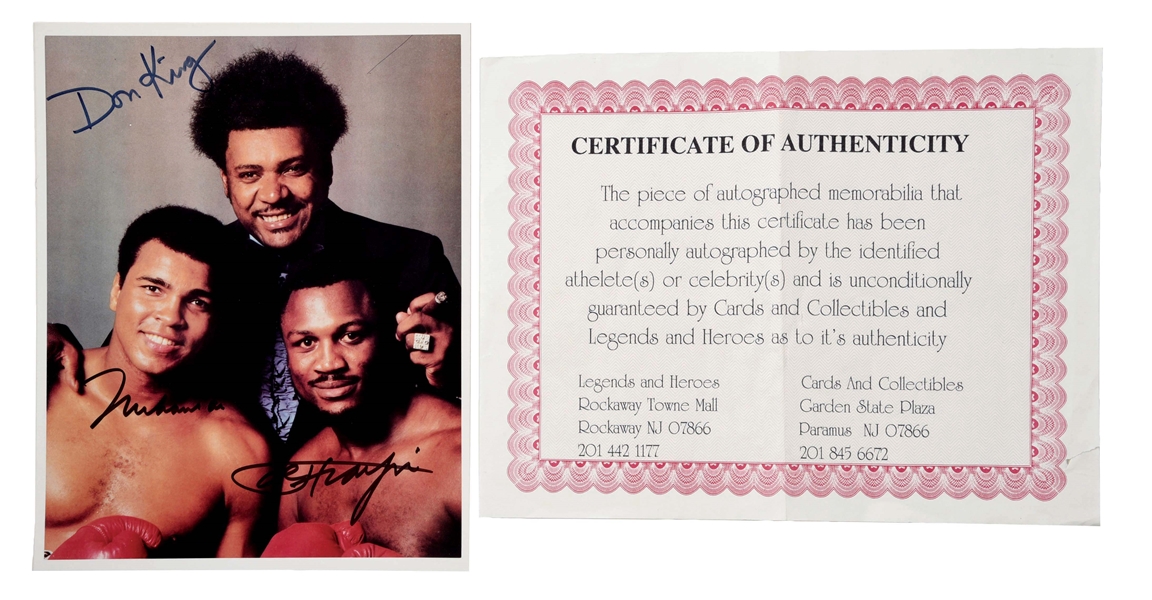 AUTOGRAPHED BOXING PHOTO OF DON KING, MUHAMMAD ALI, AND JOE FRAZIER.