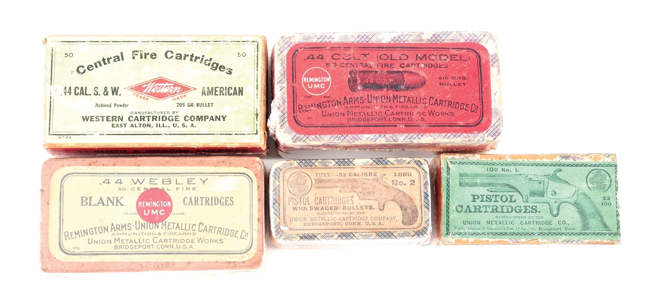LOT OF 5 VINTAGE TWO PIECE BOXES OF AMMUNITION.