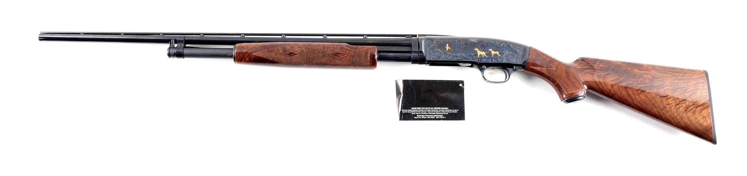 (M) GOLD INLAID & ENGRAVED BROWNING MODEL 42 HIGH GRADE SLIDE ACTION SHOTGUN WITH FACTORY BOX.