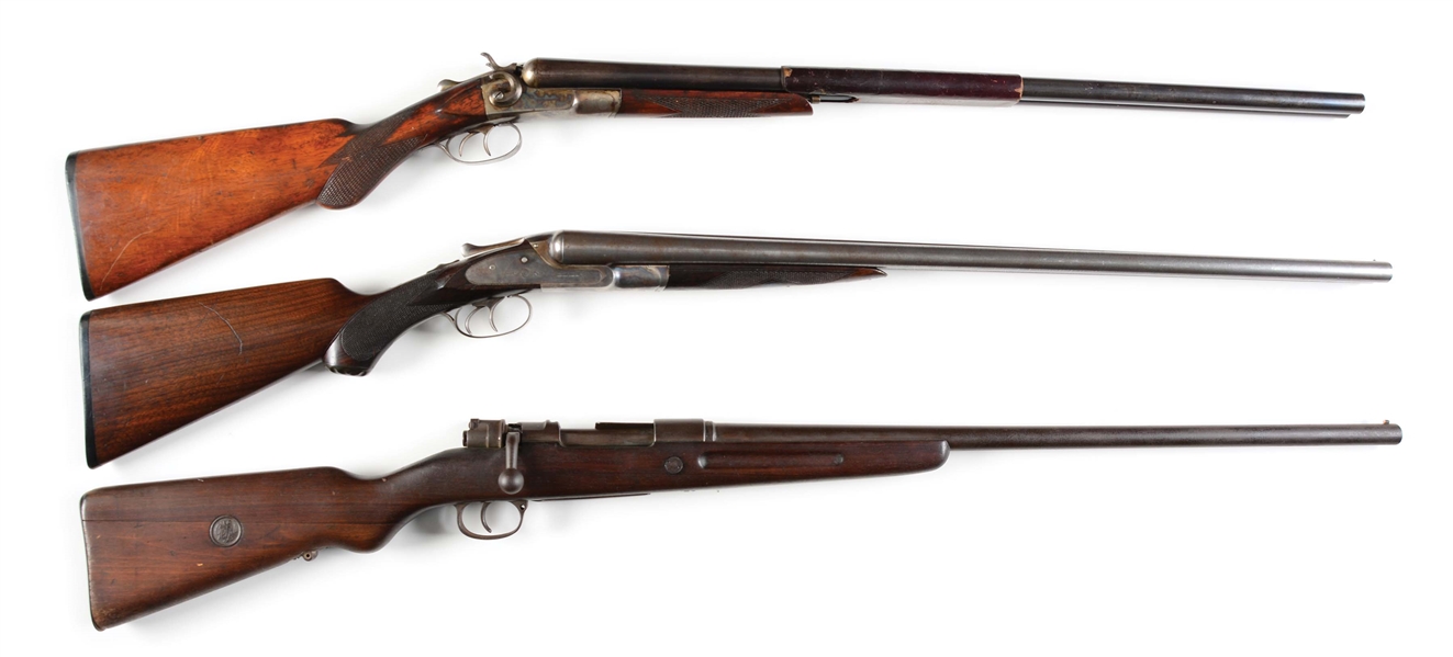 (C+A): LOT OF THREE: TWO SIDE BY SIDE SHOTGUNS FROM HOPKINS AND ALLEN AND LEFEVERAND A MAUSER BOLT ACTION SHOTGUN.