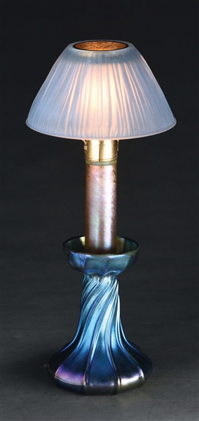 TIFFANY STUDIOS CANDLESTICK LAMP WITH LINENFOLD SHADE.