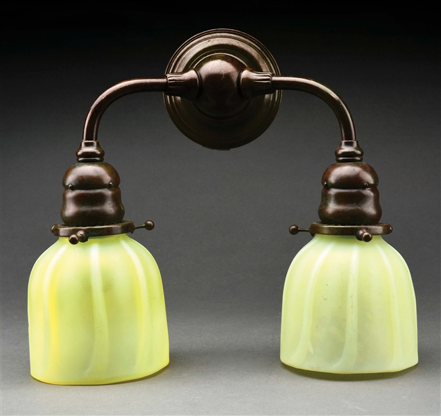 TIFFANY STUDIOS WALL SCONCE WITH TWO FAVRILE SHADES.